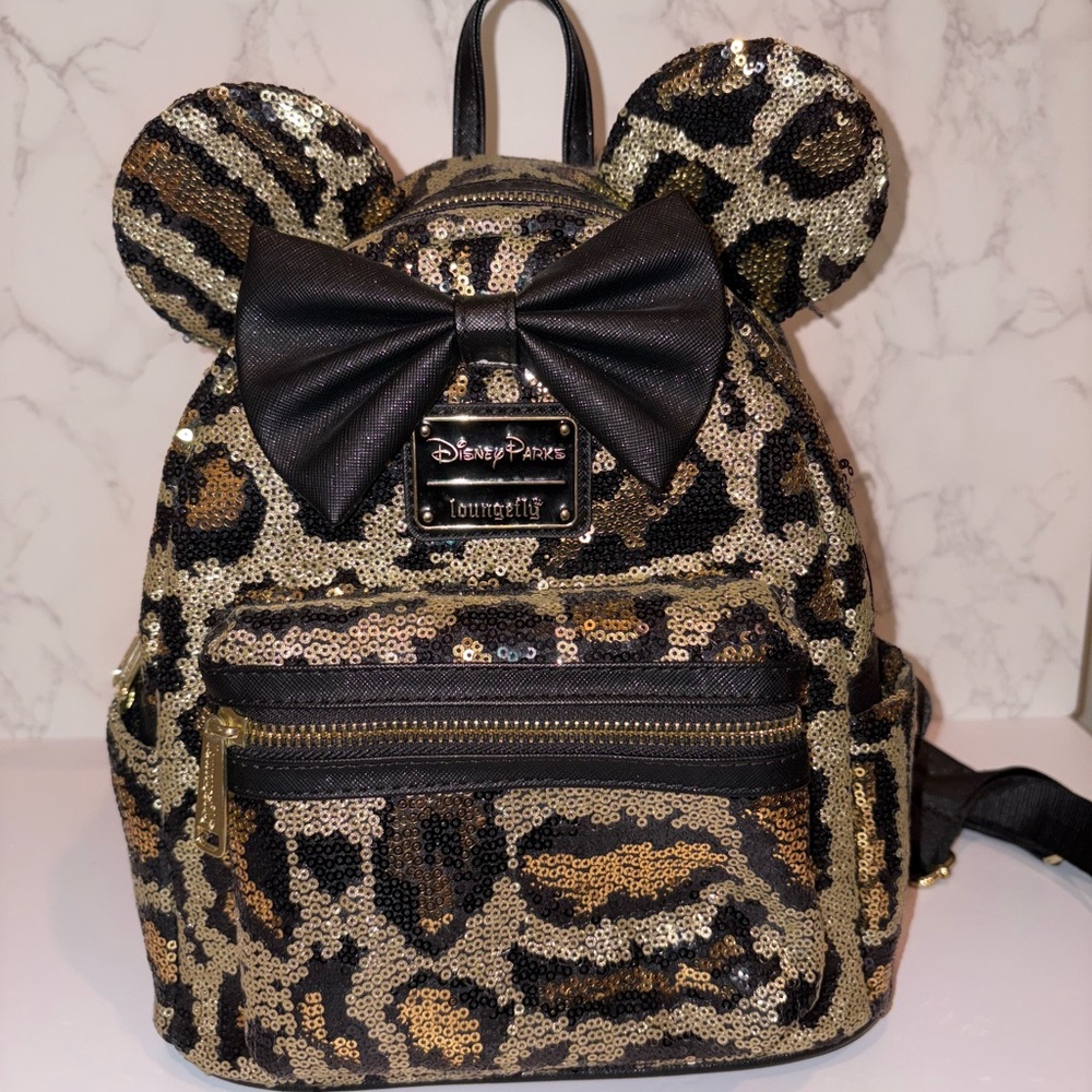 Loungefly Sequin Leopard Backpack with Black Bow
